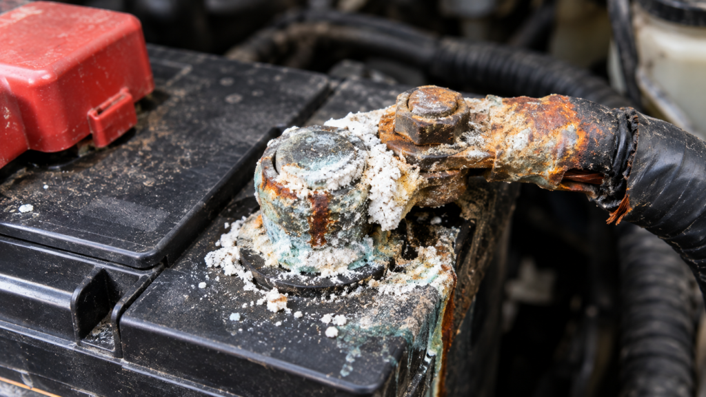 Corroded car battery terminals damaged by Dubai heat