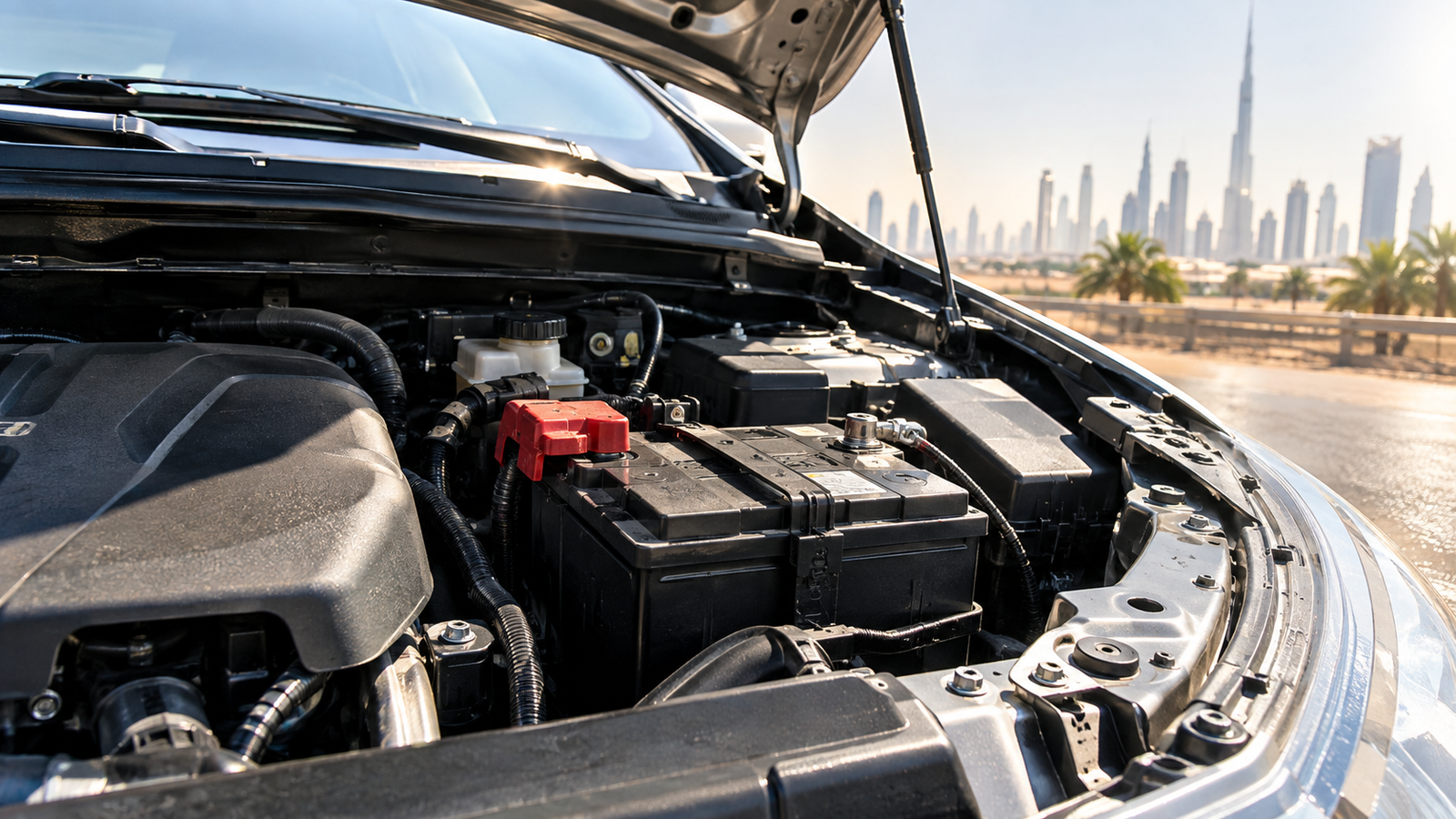 Car battery life under the bonnet exposed to the sun in Dubai