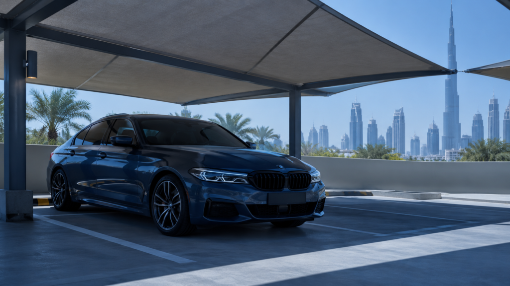 Car parked in shade to extend battery life in Dubai heat