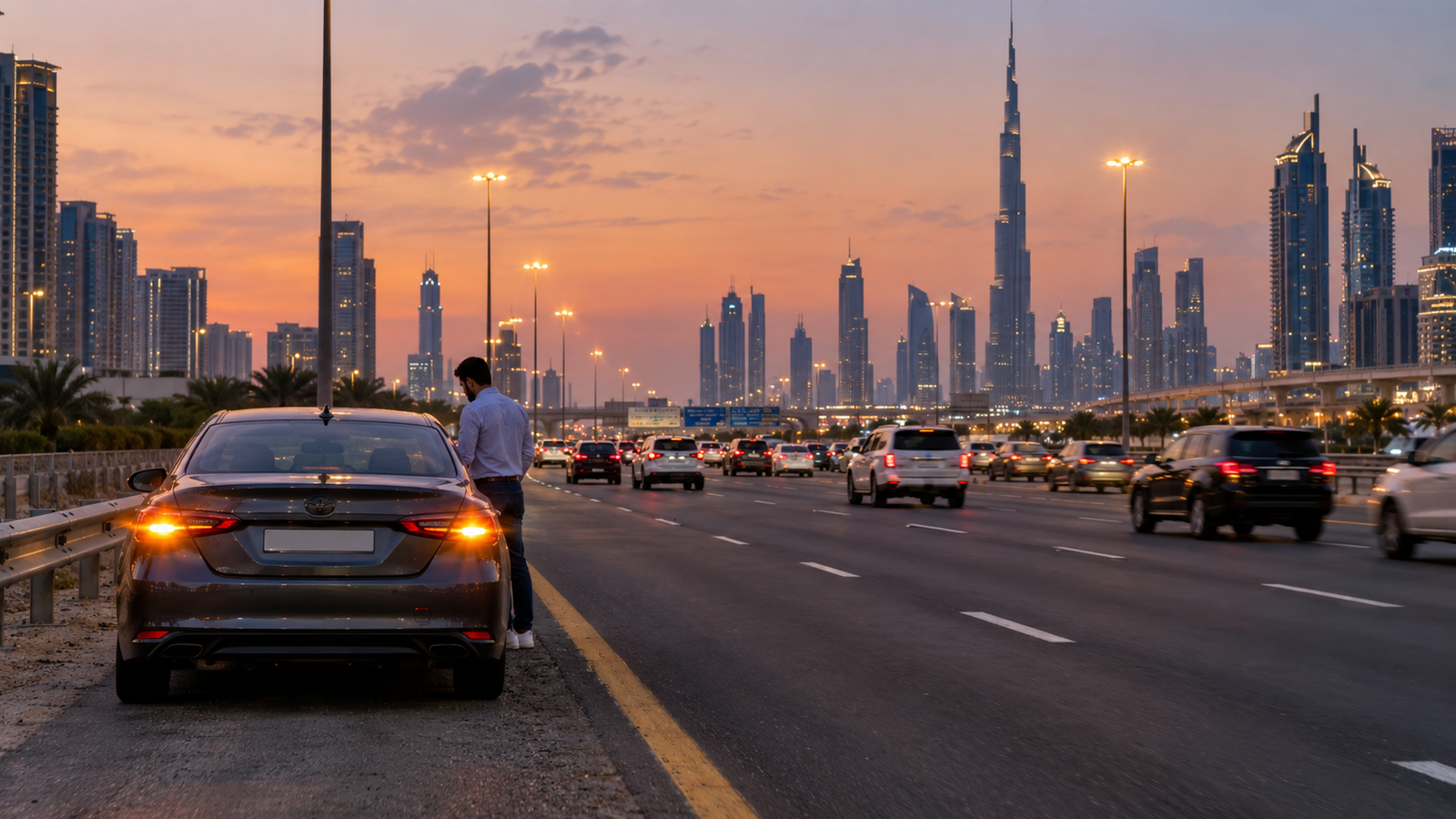 A car with a flat tyre stopped on the hard shoulder of Sheikh Zayed Road in Dubai.