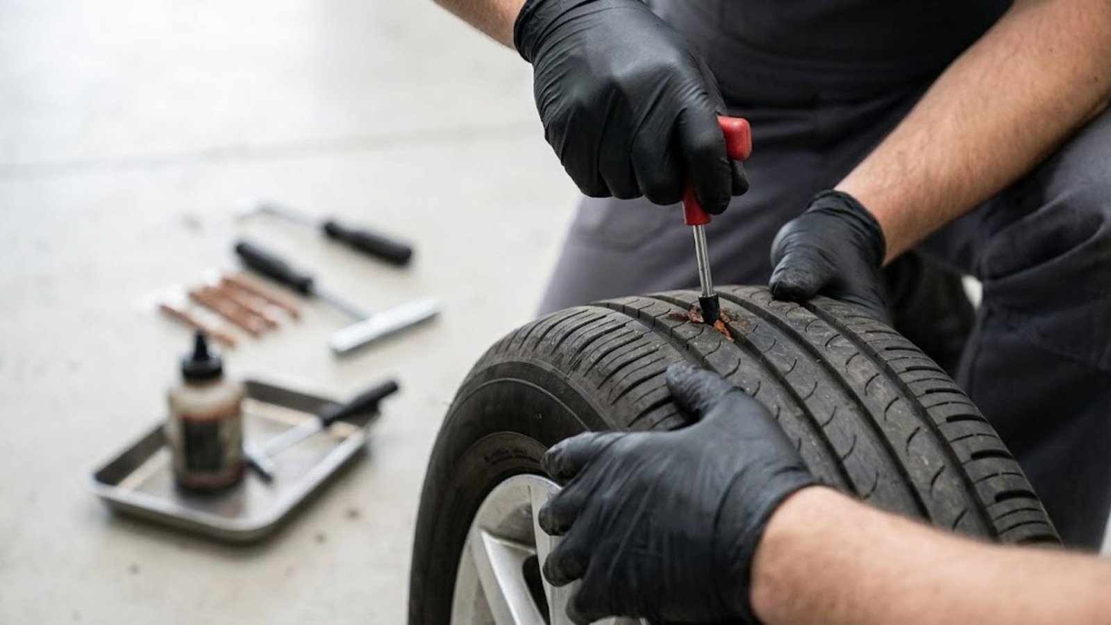 Proper puncture repair method showing mushroom plug versus rope repair.