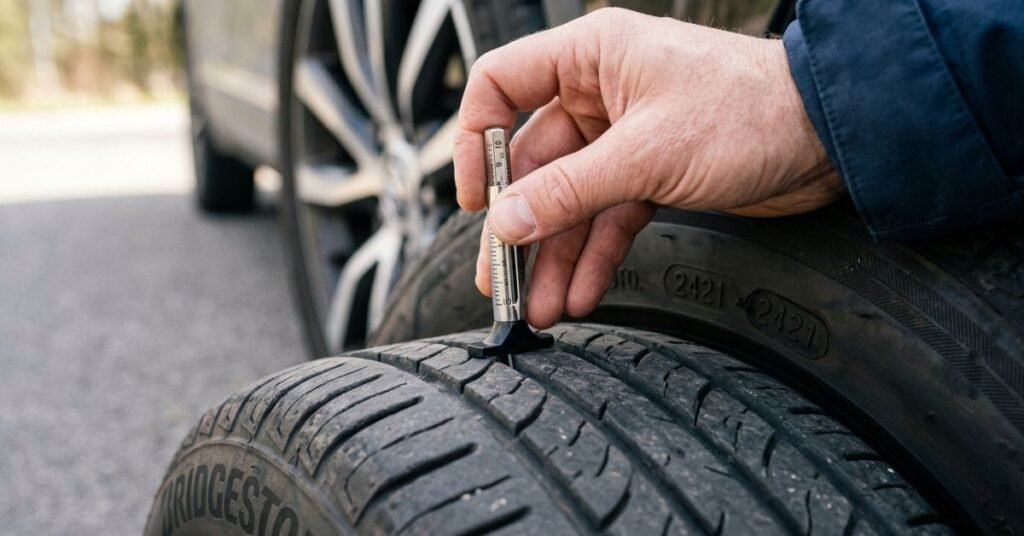 Checking tyre tread depth against the UAE 1.6 mm RTA minimum.
