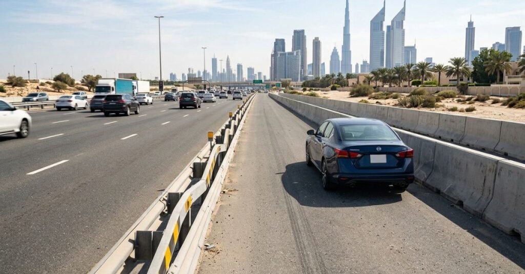 A safe stop on the hard shoulder of Sheikh Zayed Road after a flat tyre.