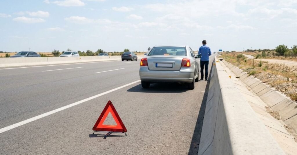 A warning triangle and hazard lights set up while waiting for help on a Dubai highway.