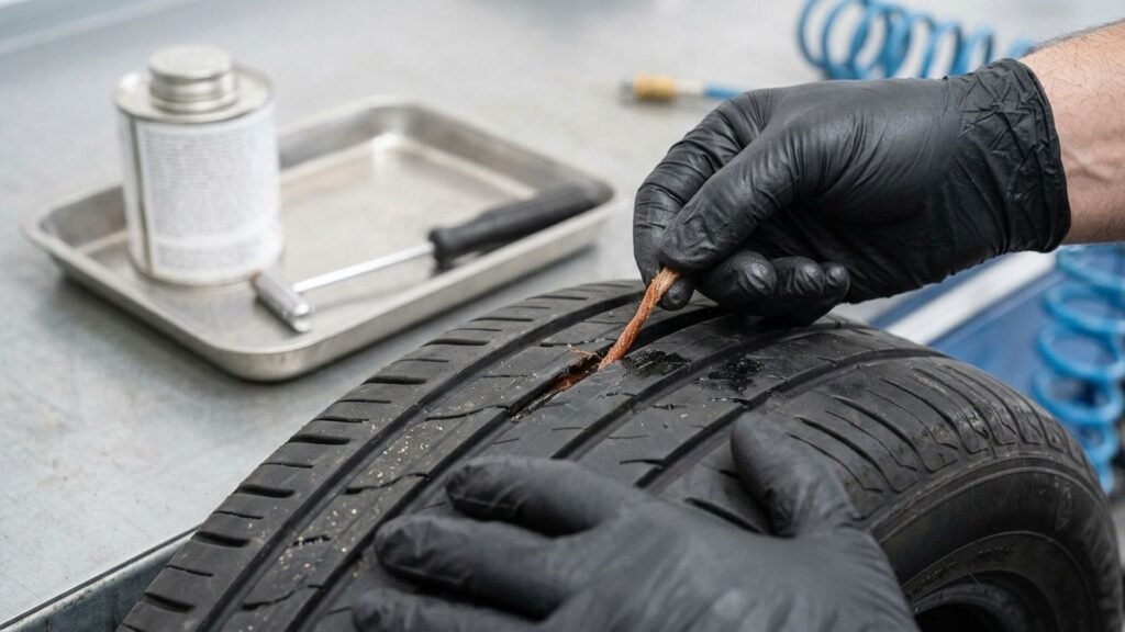 A sticky rope plug inserted into a tyre tread as a temporary repair.