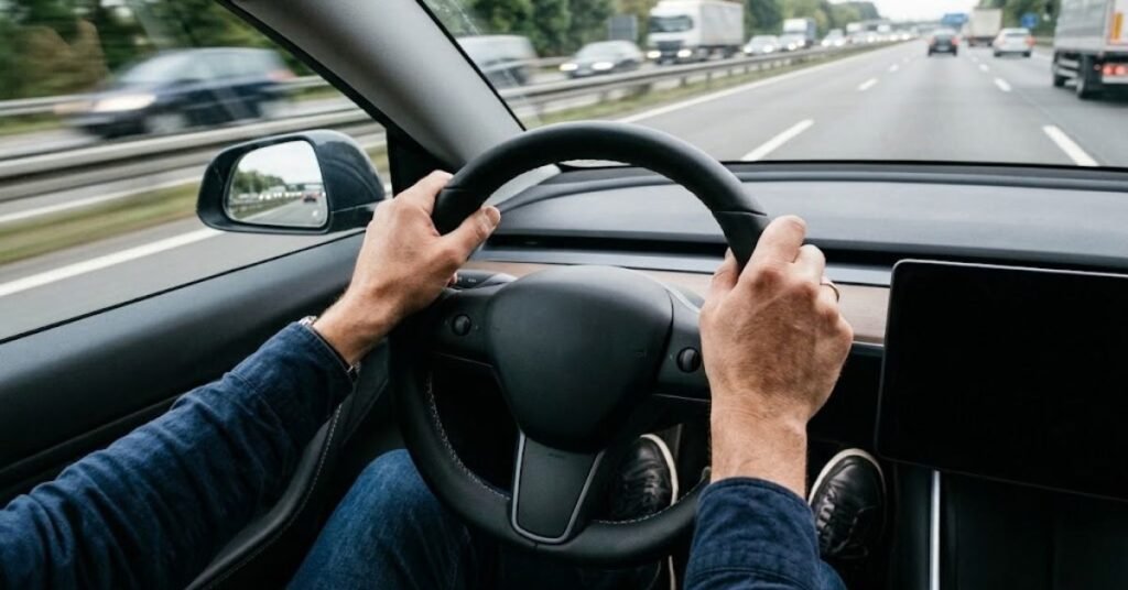 Gripping the steering wheel calmly after a flat tyre on Sheikh Zayed Road.